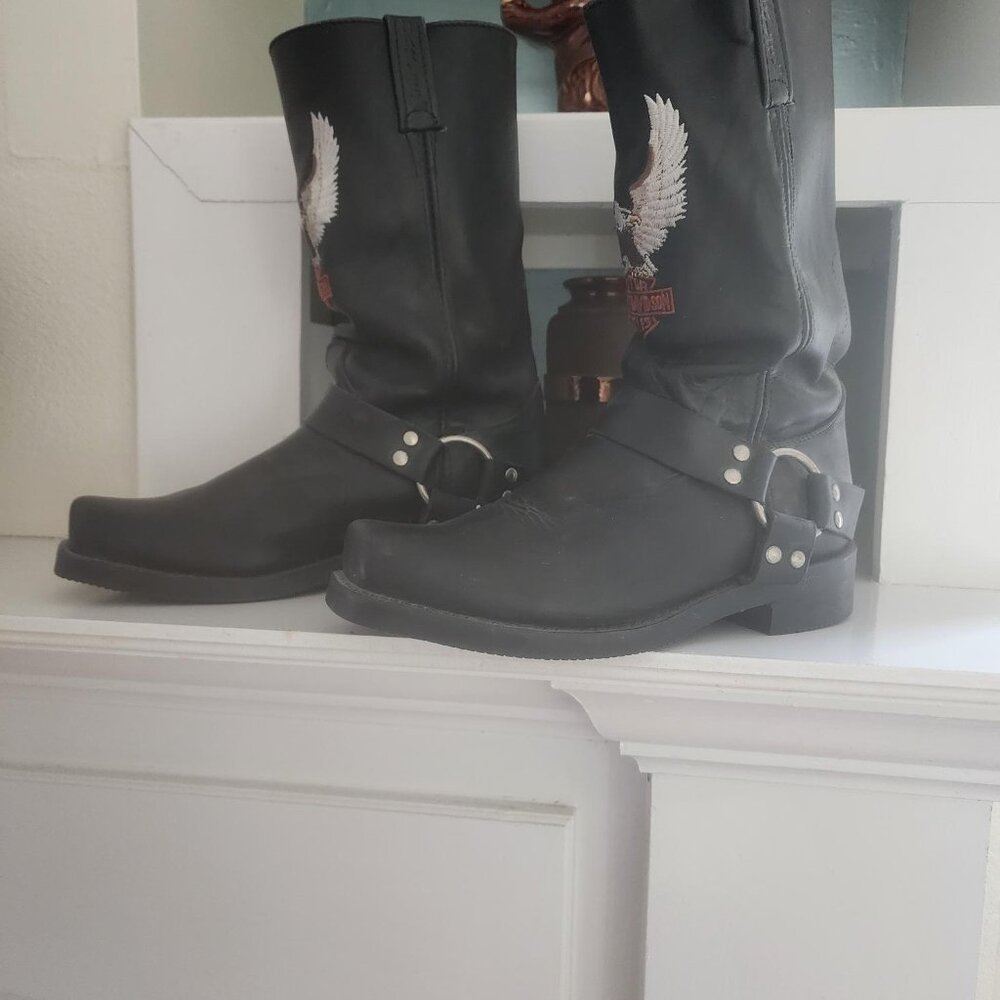 Vintage 1970s Harley-Davidson Black Leather Square Toe Harness Motorcycle Boots